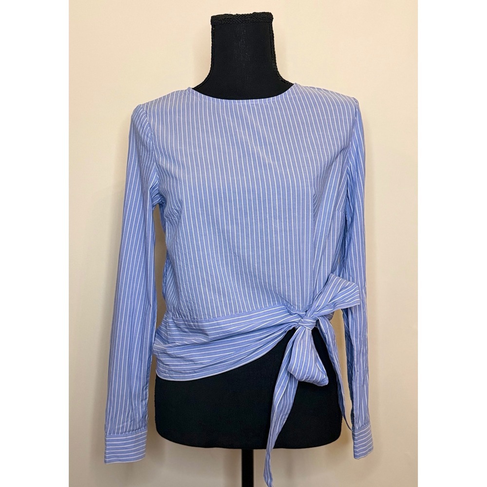 H&M Light Academia Blue &‎ White Pinstriped Long Sleeve Side Tie Blouse Size 2